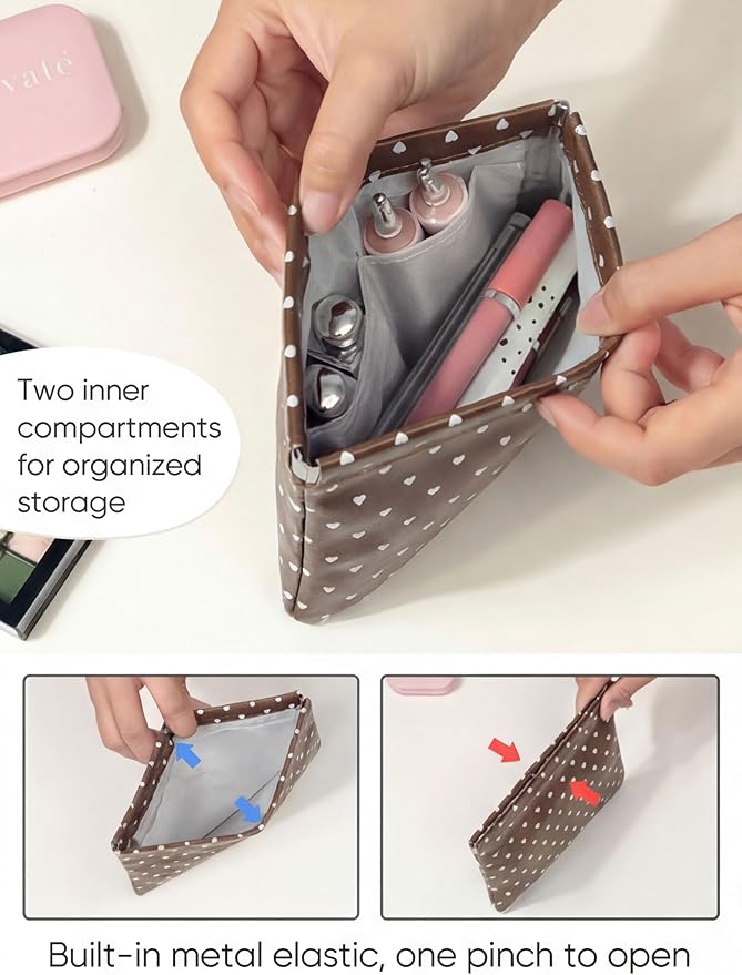 Hearts Leather Makeup Pouch Set for Women Small Make Up Bag for Purse Waterproof Initial Makeup Cosmetic Bags Pouches for Purse Aesthetic Travel Toiletry Bag,Coffee