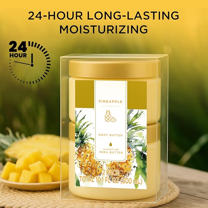 Princess Belle Pineapple Body Butter, Body Moisturizer for Dry Skin, Body Butter for Women Smell Good, Pineapple Gifts for Women-2 Pack (3.4floz + 6.8 floz)