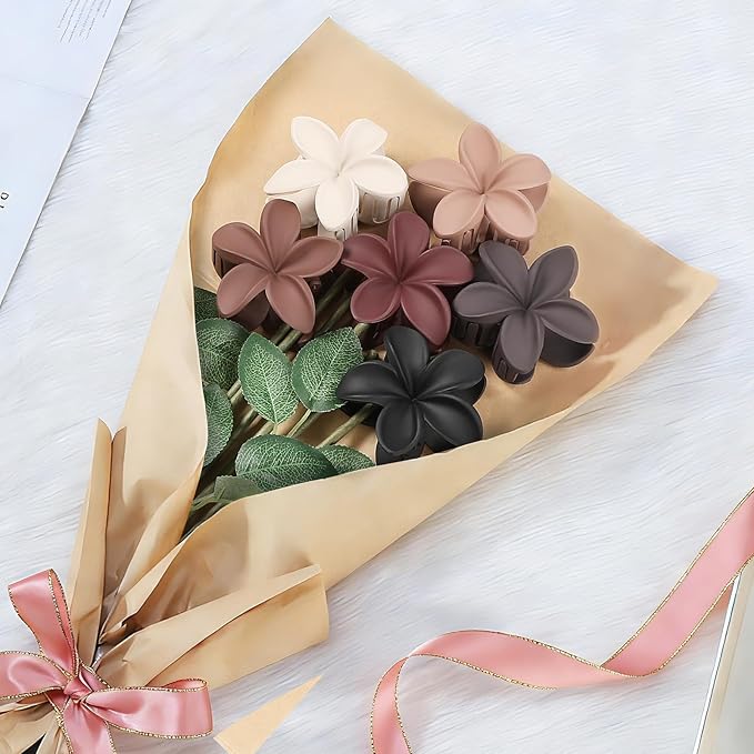 Flower Hair Clips 6 PCS Hawaiian Claw Clips for Vacation Hibiscus Hair Claw Cute Large Hair Clips for Thick and Thin Hair Plumeria Hair Accessories for Women Girls -Brown Scarlet