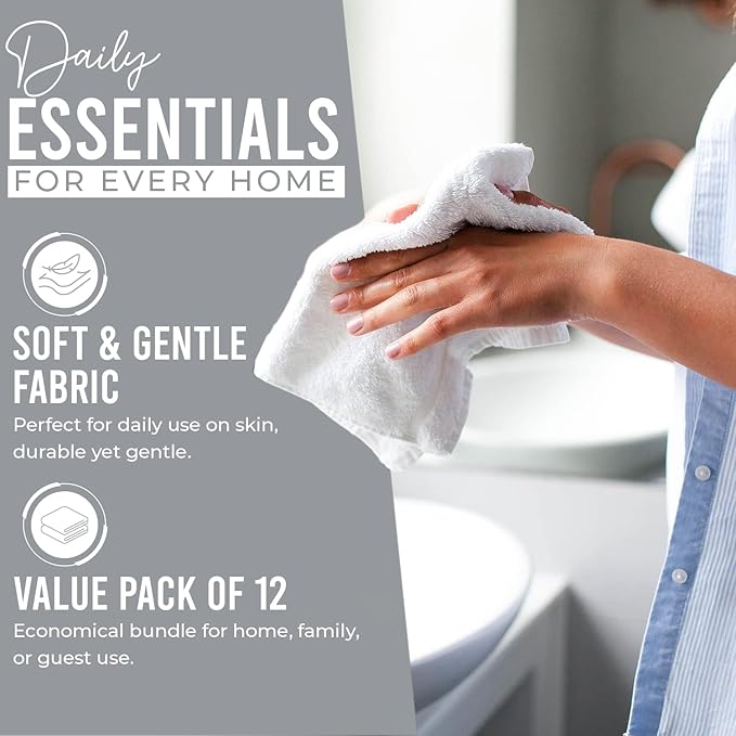 DAN RIVER 12 Pack Wash Cloths for Showering [12x12] - 100% Cotton Washcloths Premium Quality Flannel Face Cloths for Bathroom, Highly Absorbent and Soft Feel Wash Clothes, Silver
