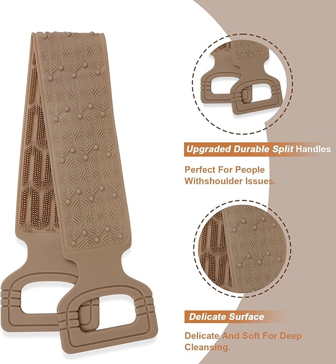 1 Pack ﻿Exfoliating Back Scrubber for Shower,Double-Sided Back Scrub Washcloth Strap,Cover The Entire Back for Men Women,Silicone Back Massage Bath Brush,Exfoliate and Massage (Brown)