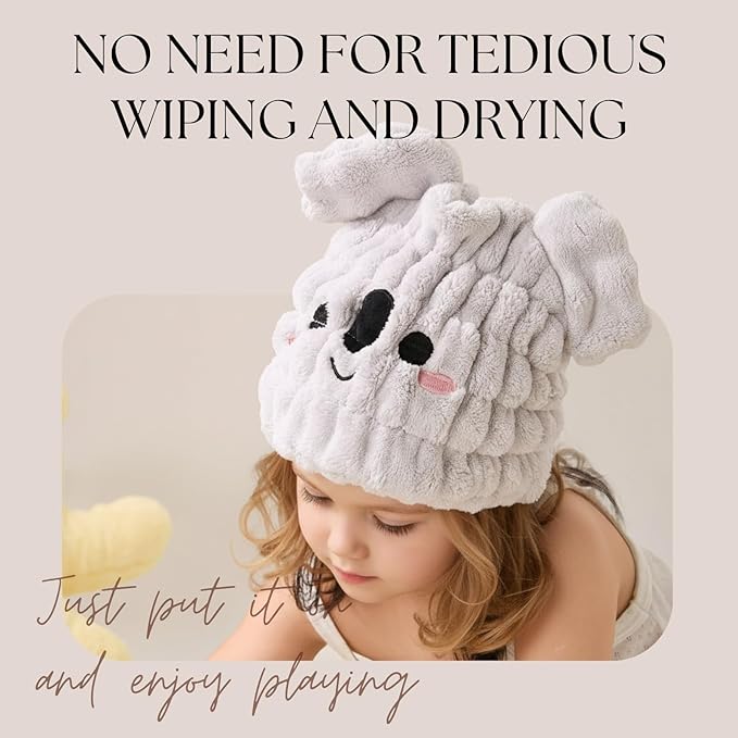 Microfiber Hair Towel Wrap for Kids, Koala Dry Hair Cap Suck Water, Absorbent Quick Girls Boys Hair Drying Towel, Lightweight Bouncy Hat Headscarf