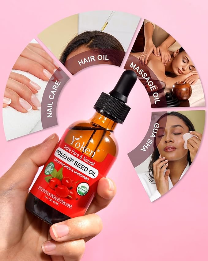 Organic Rosehip Seed Oil for Face, 100% Pure and Natural Cold Pressed Unrefined Rosehip Oil Carrier for Skin, Hair & Nails - Lightweight, Fast-Absorbing (2 fl oz)