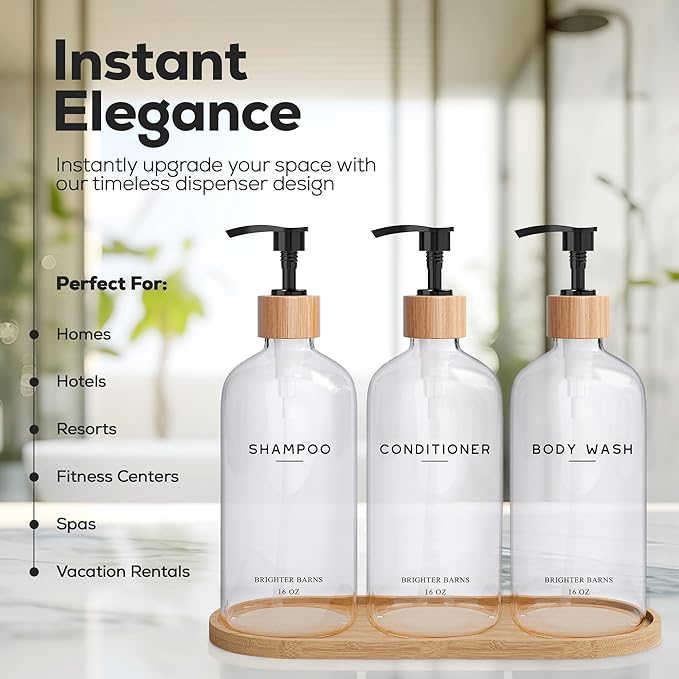 Clear Shampoo and Conditioner Dispenser Set by Brighter Barns - Refillable Plastic Shower Dispenser for Bathroom - Shampoo Bottles & Tray - Modern Bathroom Accessory for Hotel, Vacation Rental (Clear)