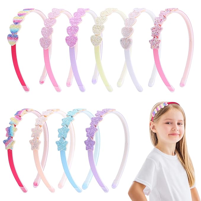 Fishdown Headband for Kids Girls, 10Pcs Rainbow Glitter Hairband for Toddler Heart Rainbow Star Non-slip Headbands with Teeth
