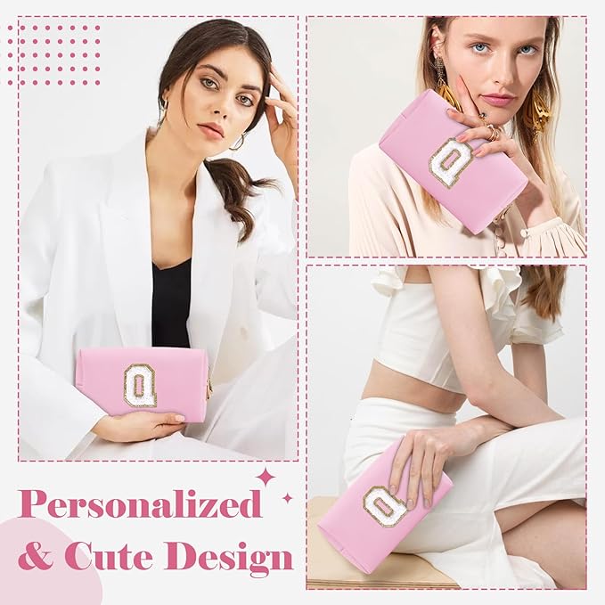 Personalized Initial A-Z Preppy Patch Makeup Bag,Small PU Chenille Letter Cosmetic Bag with Zipper for Teen Girls,Pink Cute Toiletry Organizer Bag,Monogram Makeup Case Gift for Women Girls,Letter Q