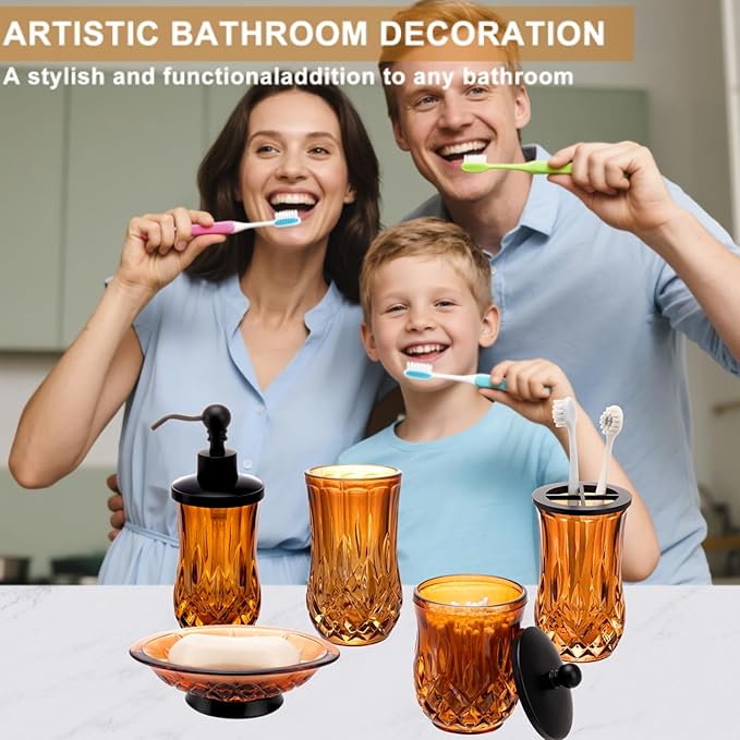 Bathroom Accessories Set,5 Pcs Amber Glass Bathroom Accessory Set, Complete Lotion Soap Dispenser, Toothbrush Holder, Soap Dish, Tumbler & Jar, Modern Bathroom Decor Sets Gift,Round