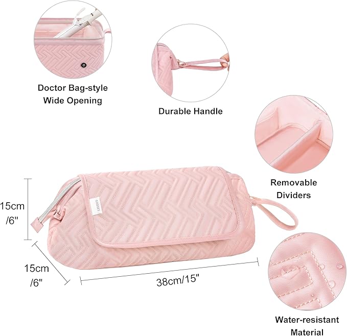 Leudes Hair Tools Travel Bag for Women Heat Resistant Mat for Travel Essentials Hot Tools Straighteners,Flat Irons,Curling Iron,Hot Air Brushes and Hair Dryer Organizer Bags 2 in 1(Pink)