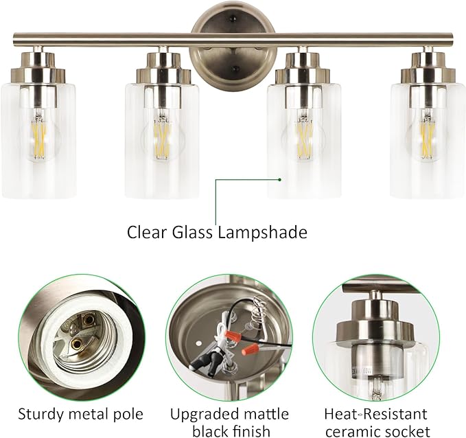 DLLT Bathroom Light Fixtures, Silver 4-Light Wall Sconces Lighting with Clear Glass Shade, Bath Vanity Light for Power Room, Mirror, Kitchen, Bedroom, Hallway (E26 Base Bulbs Not Included)