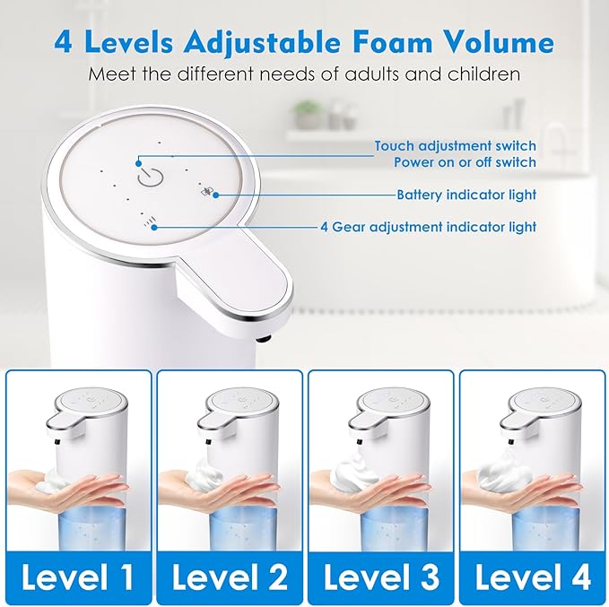Automatic Foaming Soap Dispenser, Touchless Foam Hand Soap Dispenser for Bathroom, 4-Level Adjustable,13.5oz/400ml, Wall Mounted, Rechargeable