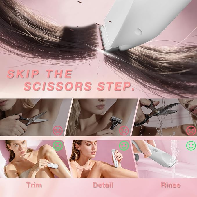 Bikini Trimmer for Women, Dual-Ended Electric Razor Personal Shaver for Bikini Line & Pubic Hair, Waterproof USB-C Rechargeable Body & Face Trimmer for Underarms & Legs (Pearl White)