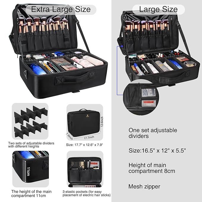 MONSTINA Extra Large Makeup Case 17 Inch Travel Makeup Train Case Professional Makeup Artist Case Nail Polish Organizer Storage Box with Two Adjustable Shoulder Strap