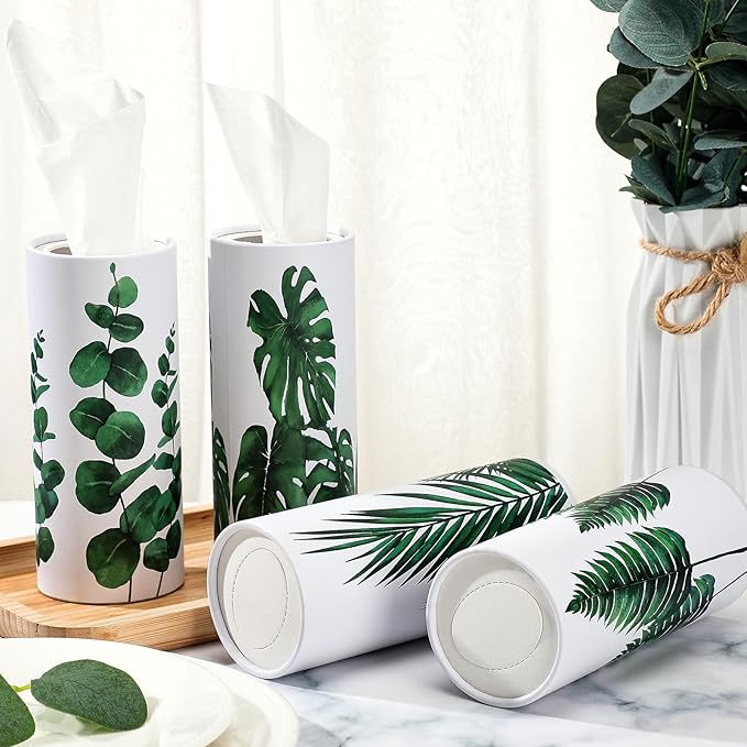 Zonon 8 Pcs Greenery Car Tissue Cylinder with 3-ply Facial Tissue Bulk Round Tissues Holder Box Spring Travel Cylinders Tubes for Car Decoration with 50 Sheets for Cup Holder Round Container