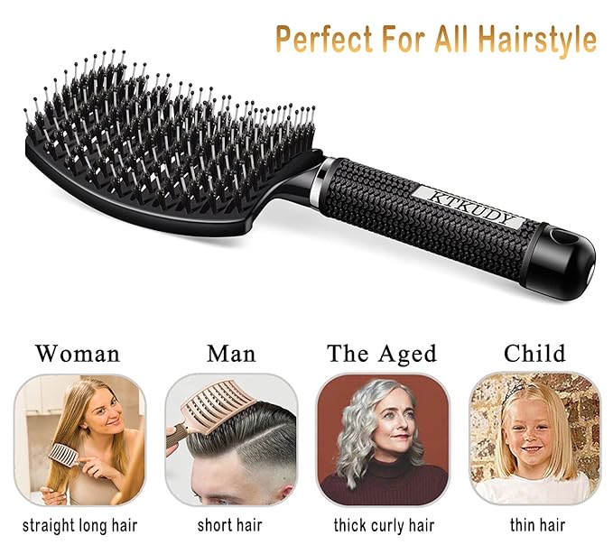 Detangling Brush Boar Bristles Set KTKUDY Hair Brush Curved and Vented Detangler Brush for Women Men Kids Wet and Dry Hair (Red&Black)