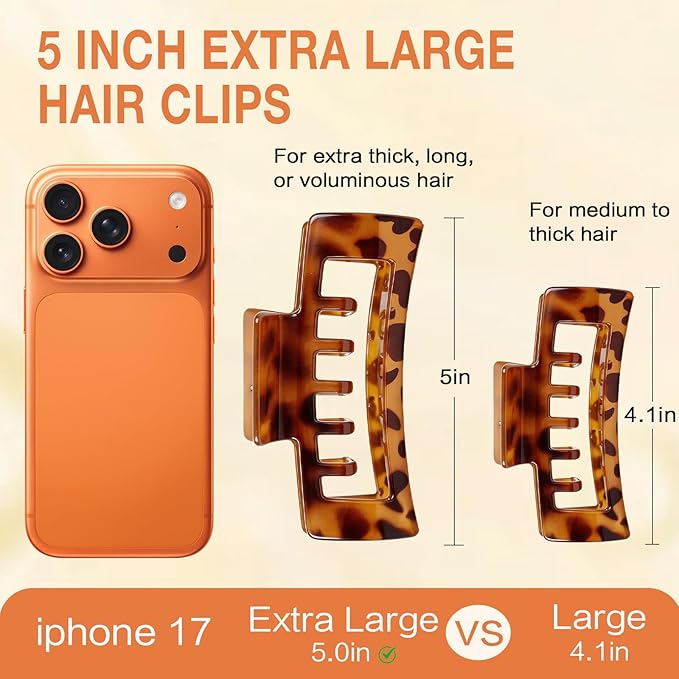 4 PCS Extra Large Claw Clips for Thick Hair, 5 Inch Jumbo Square Hair Clips for Women, Strong Hold Double Teeth Claw Clip for Hat, Non Slip Rectangle Jaw Clips Hair Accessories, Tortoise & Black
