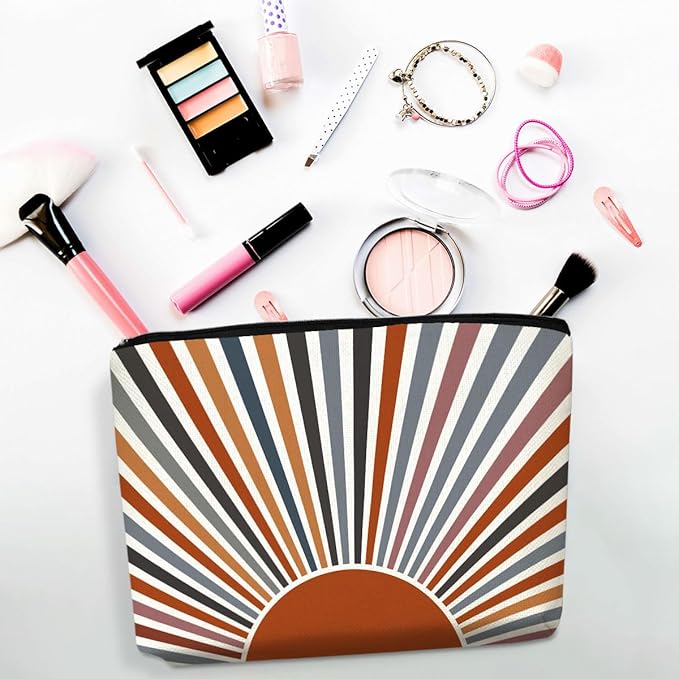 Sun Sunrise Sunshine Makeup Bag, Boho Abstract Cosmetic Bags, Retro Makeup Bag Zipper Pouch Gifts for Women Sisters Friends, Ideal Travel Toiletry Organizer Birthdays Gifts for Boho Lovers Women