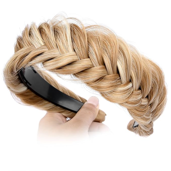DIGUAN Wide Messy Braided Headband With Teeth Synthetic Hair Plaited Headband High Elasticity Braids Chunky Fishtail Braided Hair Band Hairpiece for Girls Women Beauty Accessory (Golden Blonde)