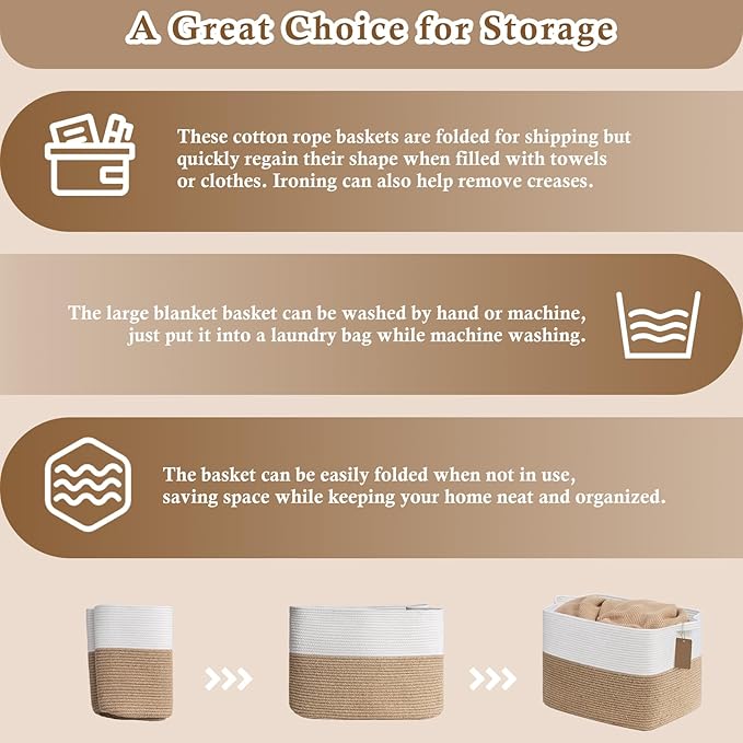 Goodpick Woven Storage Baskets for Organizing, Nursery Toy Baskets Storage Kids, Cotton Rope Basket with Handles, Rectangle Blanket Basket for Living Room, 18 x 14 x 12 Inches