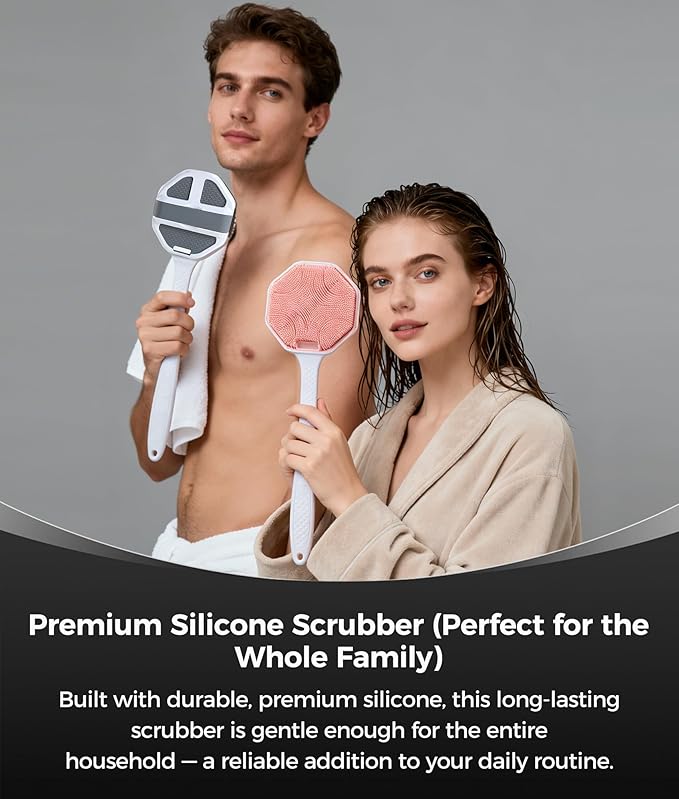 Silicone Body Scrubber with Long Handle, 2 Pack Soft Bristles Lathers Easily for Gentle Exfoliating & Deep Clean, Rich Foam, Durable Back Bath Brush (Grey + Pink)