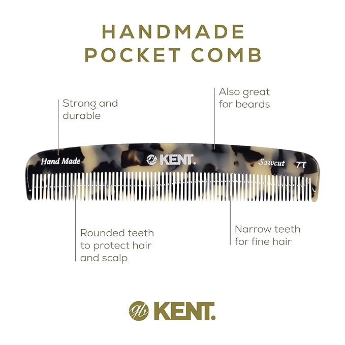 Kent 7T TW Handmade All Fine Tooth Pocket Comb for Men, Hair Comb Straightener for Everyday Grooming Styling Hair, Mustache and Beard, Use Dry or with Balms, Saw Cut and Hand Polished, Made in England
