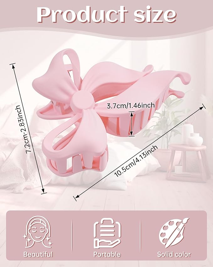 Mesovor 4 Pack Cute Bow Claw Clip for Women, Nonslip Large Matte Strong Hold Bows Hair Clips for Thin and Thick Hair | Chic Hair Styling Accessories (4.1" Black, Brown, Beige, Pink)