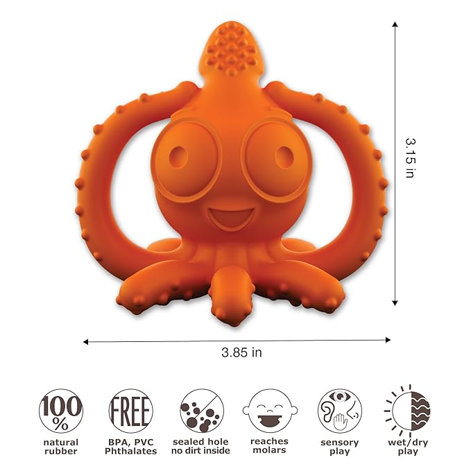 CaaOcho Pure Natural Rubber Teething Gum Massager Baby Toy & Bath Toy - Squid Teether for Babies, Sealed Hole, BPA Free Baby Toy, Hole Free Molar Teether Toy, All Natural Bath Toy