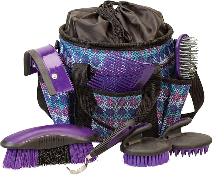 Weaver Equine Horse Grooming Kit, 7-Piece Horse Brush Set with Organizer Tote Bag, Hoof Pick, Comb, Sweat Scraper, Equine Tools for Daily Grooming, Purple Geo