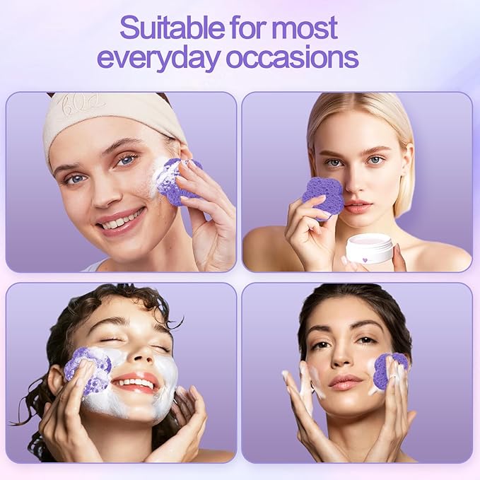 100-Count Facial Sponges Compressed Facial Sponges Natural Facial Cleansing Sponges Pads Cute Flower Shape Exfoliating Sponges for Cleansing Reusable,Best Makeup Gift, Purple