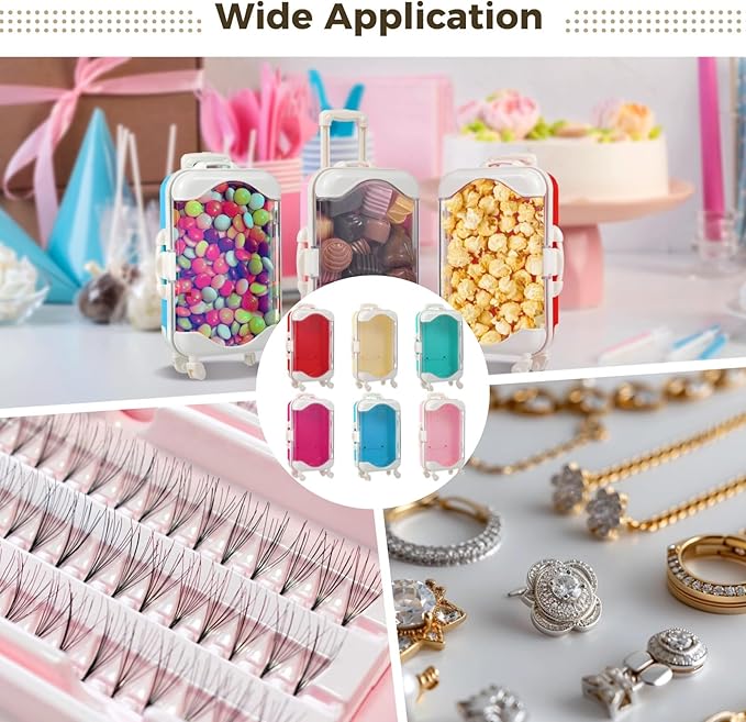 12 PCS Mini Suitcase Party Favor Boxes, Assorted Color Luggage Trolley Candy Box, Clear Small Suitcase Present Package Case, Rolling Empty Storage Box for Jewelry False Eyelash