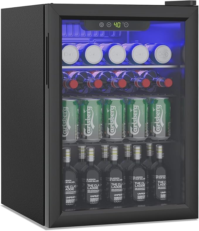 95 Can Freestanding Beverage Refrigerator, 2.6 Cu. Ft Drink Fridge with Clear View Door, Adjustable Shelves & Temperature Control, Quiet Compressor Small Refrigerator for Soda, Beer or Wine