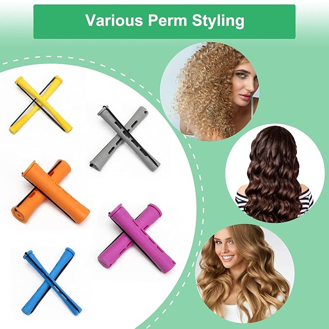 100 Pieces Nature Hair Curlers for Short Hair - Cold Wave Rollers with Elastic Bands, 5 Sizes for Curl Styling with Plastic Brush Combo