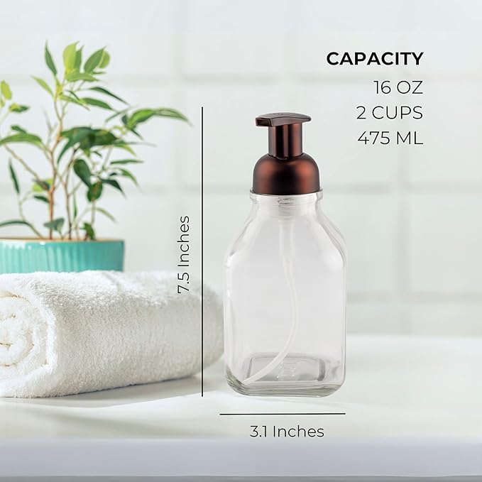 Cornucopia Brands 16-Ounce Square Glass Foaming Soap Dispensers (2-Pack, Clear Bottle w/Bronze Color Pump)