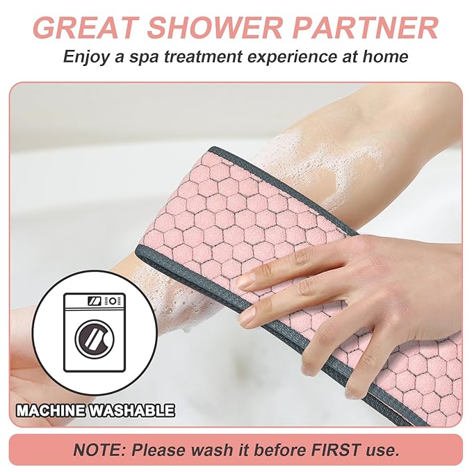 Exfoliating Back Scrubber for Shower, 38 Inches Back Washer with Handles, Exfoliating Washcloth Body Exfoliator Bath Tool to Scrub Your Body Deeply for Men & Women Exfoliation (Pink)