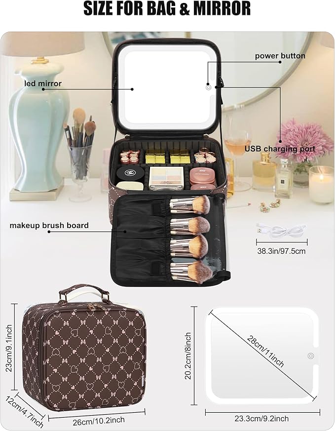 Relavel Travel Makeup Bag With LED Mirror, Portable Cosmetic Organizer Bag with Adjustable Brightness in 3 Color Scenarios, Small Train Case with Detachable Dividers for Trip- Brown Bowknot