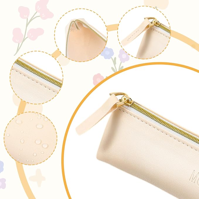 2pcs Mini Cosmetic Bag for Purse, 7.87 x 2.55inch Small Leather Pouch Make Up Bag with Zipper Portable Small Cosmetic Organizer for Women and Girls, Black Beige