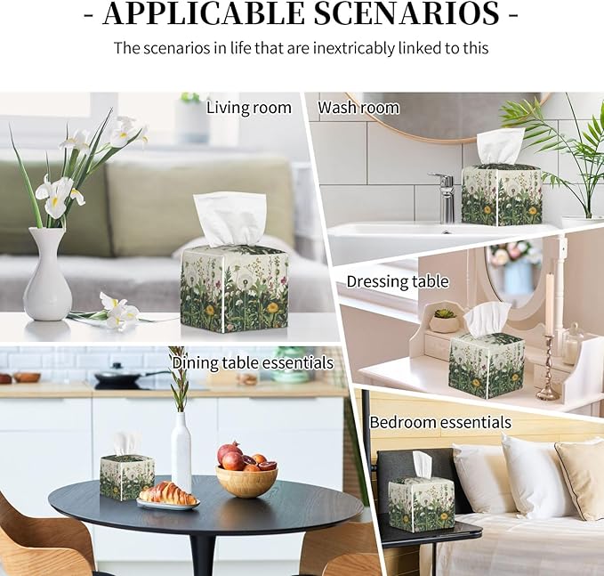 Retro Herbs Spring Dandelion Tissue Box Cover Leaves Summer Holiday Square Leather Tissue Holder Decorative Facial Tissue Cube Paper Cover Case Organizer for Bathroom Night Stands Desk Home