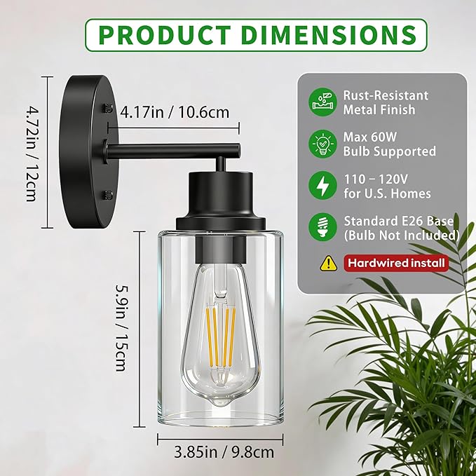 2-Pack Black Bathroom Wall Sconces, Modern Vanity Light Fixtures with Clear Glass Shade, 1-Light Wall Lamps Over Mirror for Bathroom, Bedroom, Hallway, Living Room