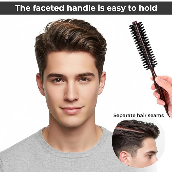 Boar Bristle Round Hair Brush, Small Round Hair Brush with Wooden Handle Portable Beard Brushes for Men Boar Bristle Brushes for Men & Women