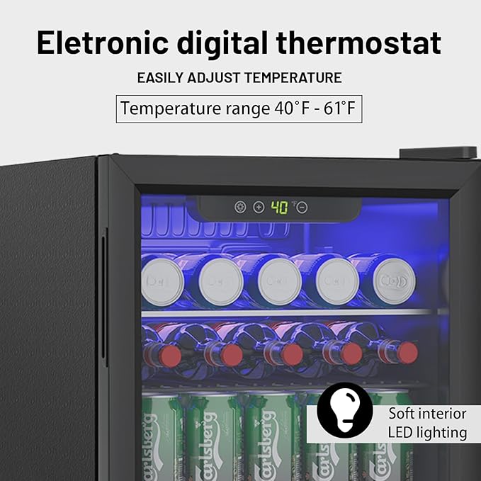 Compact Beverage Refrigerator, 2.6Cu.Ft/95 Can Mini Fridge with Glass Door and Digital Display, Small Drink Fridge with Adjustable Shelves for Soda, Beer, or Wine, Compact Fridge for Home