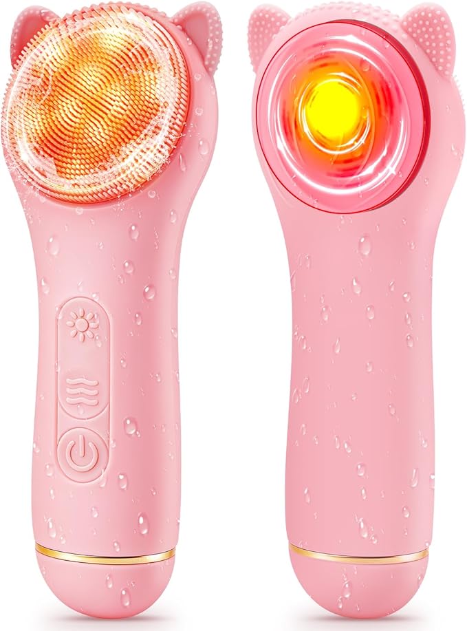 Face Scrubber Facial Cleansing Brush - Portable Silicone Waterproof Rechargeable Electric Exfoliator Scrubber with Heated, 7 Colors LED Light Therapy, Makeup Remover Cleansing and Massaging (Pink)