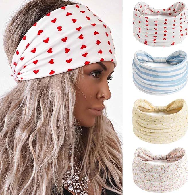 Olbye Wide Boho Headbands Floral Stretch Head Wraps Turban Knotted Yoga Hairbands Workout Hair Accessories for Women 4Pcs (Casual, 9.4 * 5.9'')