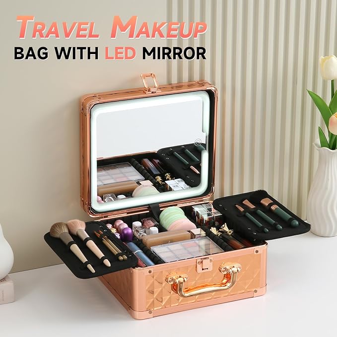 Leeora&Leekoo Makeup Box with Lighted Mirror,Portable Makeup Train Case Organizer (Rose Gold)