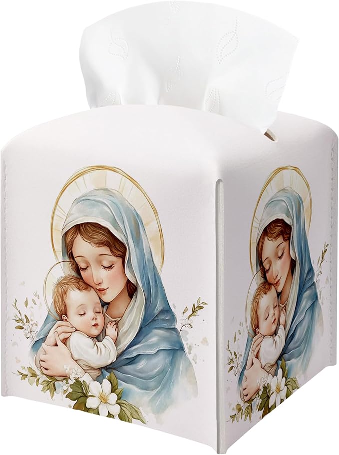 Holy Infant & Virgin Mary Square Tissue Box Cover, PU Leather Drawstring Bottom - Jesus and Virgin Mary, for Office, Bathroom, Home, Christian & Catholic Friends | Blue Decorative Organizer