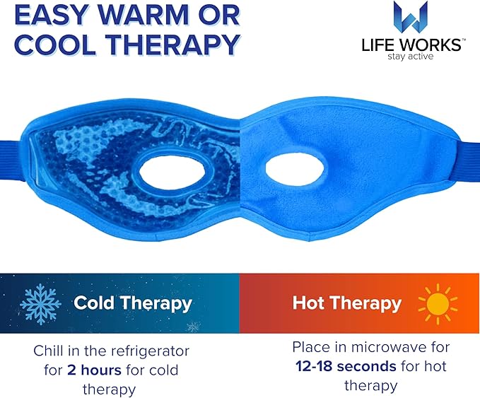 LIFE WORKS Gel Eye Mask with Cutout, Hot or Cold Therapy for Puffy Eyes, Dark Circles, Headaches, and Migraines, Soft Gel Beads and Liquid Filling for Cooling or Warming Comfort