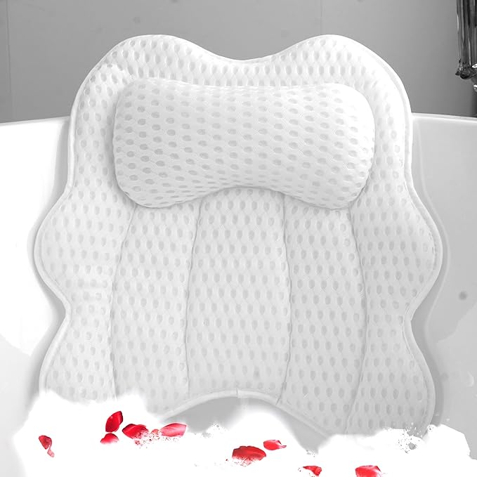 Bath Pillow for Tub, 4D Air Mesh Breathable Fabric, Soft Supportive Bathtub Cushion for Head Neck Back, Ergonomic Spa Pillow with Strong Suction Cups, Quick-Drying, Machine Washable (White)