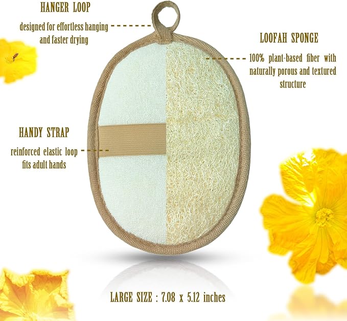 Natural Shower Loofah for Sensitive & All Skin Types, Made with Biodegradable Egyptian Luffa, Gentle Exfoliating Bath Sponge for Women & Men, Large 2 Pack Body Scrubber for Smoother Skin
