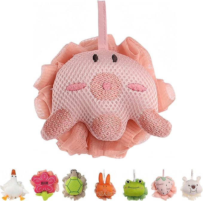Kids Loofah, Cute Cartoon Animal Kids Bath Sponge with Hanging Rope, Soft Double Mesh for Rich Lather (Pink Octopus)