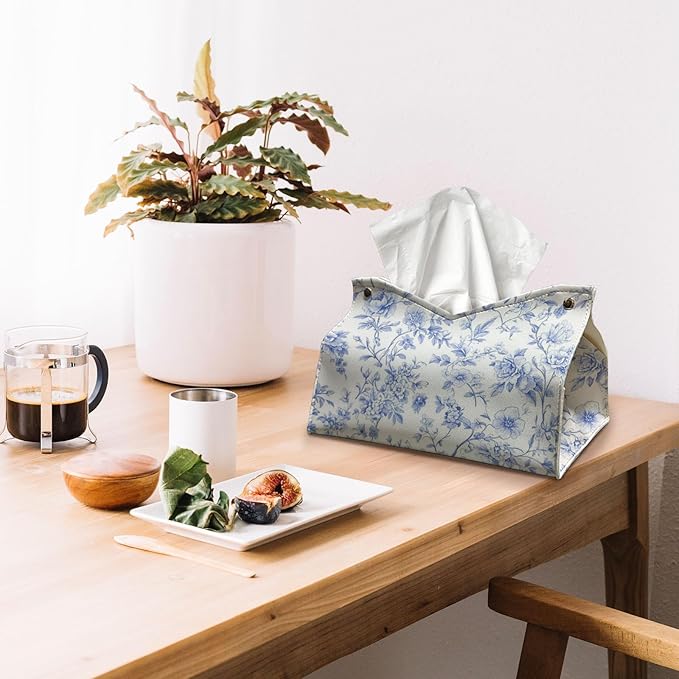 Chinoiserie Decor Rectangle Tissue Box Cover, Blue Flroal PU Leather Tissue Box Light Blue Tissue Holder for Bathroom Kitchen Facial Tissues, Housewarming Gifts for Women Girls 9.8x5.9x5.9