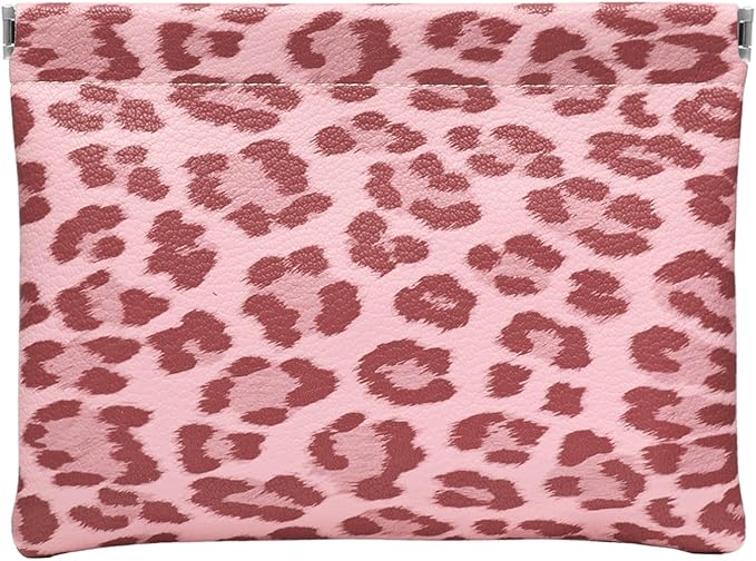 Leopard Leather Small Makeup Pouch for Women,Cosmetic Accessories Organizer,Waterproof and Portable Cosmetic Bag,Self-closing, No Zipper, Aesthetic Storage Pouch,Lipstick for Purse,Pink