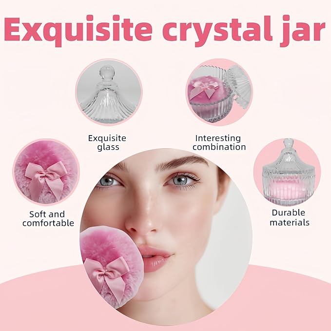 2 Pcs Large Body Powder Puff and Container Powder Container with Puff Powder Puff Crystal Container Soft Washable Reusable Velour Face Body Glitter Powder Puff Wet Dry Makeup (Pink)